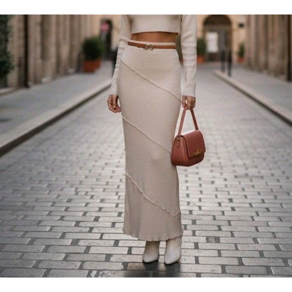 Princess Polly Oscar Maxi Skirt Beige Ribbed Seam Detail Size US 2 Boho Tan